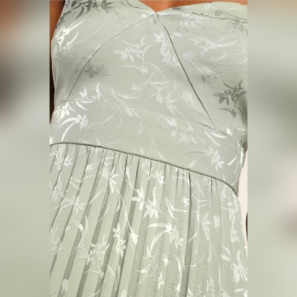 Lulus Regal Romance Sage Floral Jacquard Pleated Satin Midi Dress, Size Large - Picture 5 of 11